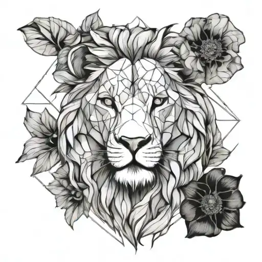 lion head with poppies blooming tattoo design idea