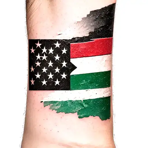 Make a tattoo picture with the jordanian Syrian Palestinian and american flag on forearm side by side blended into each  tattoo design idea