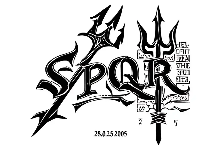 SPQR roman tatoo with a trident and roman numbers saying 28.05.2005 tattoo design idea