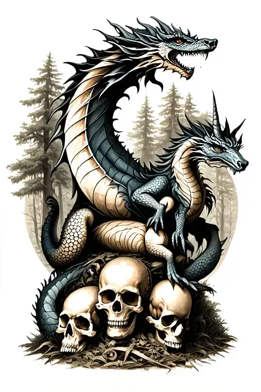 A tattoo of a dragon, highly detailed, laying on a pile of skulls in a forrest with a unicorn, fox, and owl in the trees tattoo design idea
