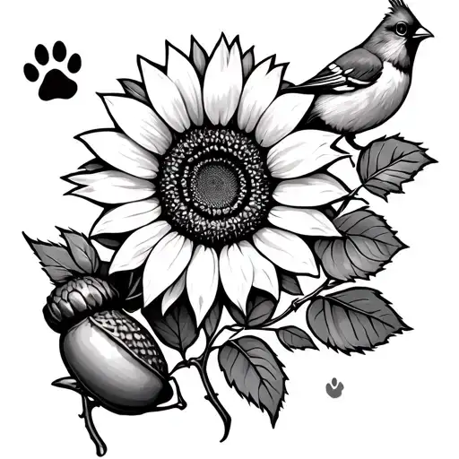 one sunflower, acorn, one cardinal with paw prints and a rose  tattoo design idea