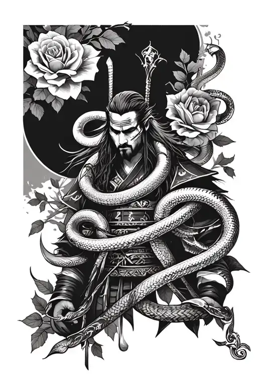 ronin samurai wrapped in snakes and roses tattoo design idea