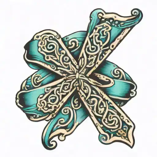 small cross, ovarian cancer ribbon tattoo design idea
