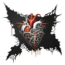 Realistic Heart bleeding, Red black silver, Veiny Wires Vessels cords, Bleeding decaying rotting, cybernetic electronic  tattoo design idea