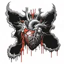 Realistic Heart bleeding, Red black silver, Veiny Wires Vessels cords, Bleeding decaying rotting, cybernetic electronic  tattoo design idea