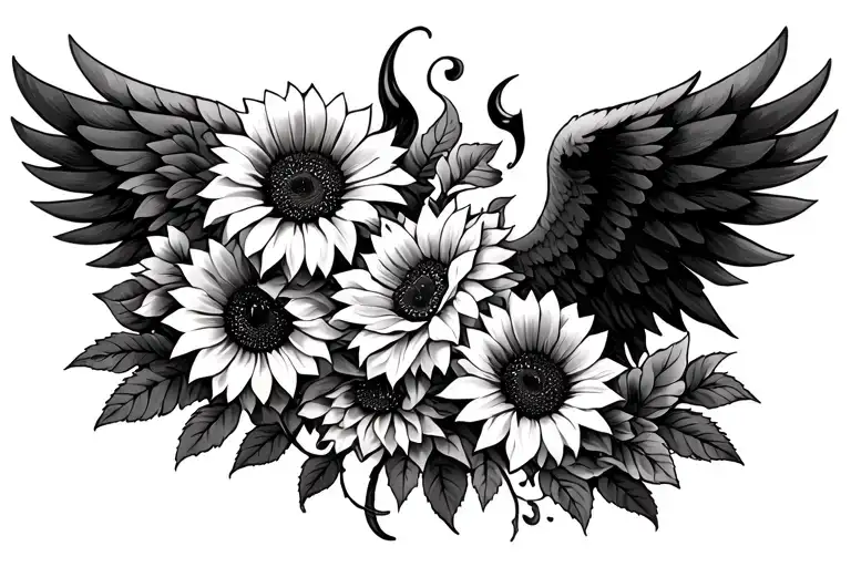 roses angel and devil wings and sunflowers wrapping the wings tattoo design idea