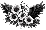 roses angel and devil wings and sunflowers wrapping the wings tattoo design idea