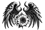 roses angel and devil wings and sunflowers wrapping the wings tattoo design idea