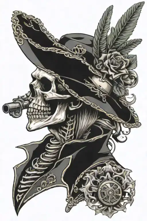 skull with revolvers and cigar smoking skeleton man tattoo design idea