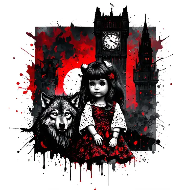 In the center, a children's doll, from the right below the wolf, against the background of the tower with the clock tattoo design idea