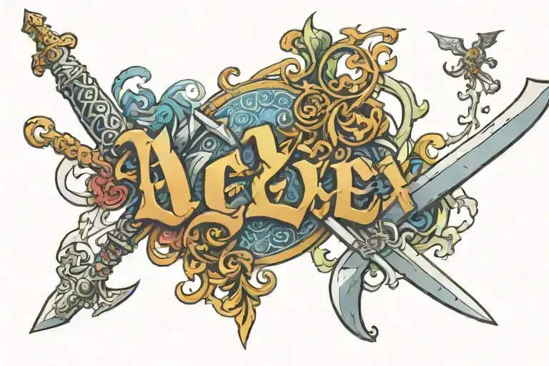 the word "Alex" written in old english with zelda sword and sagitarius sign  tattoo design idea