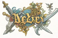 the word "Alex" written in old english with zelda sword and sagitarius sign  tattoo design idea