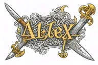 the word "Alex" written in old english with zelda sword and sagitarius sign  tattoo design idea