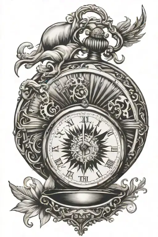 sun pocket watch with first name HELIOS tattoo design idea