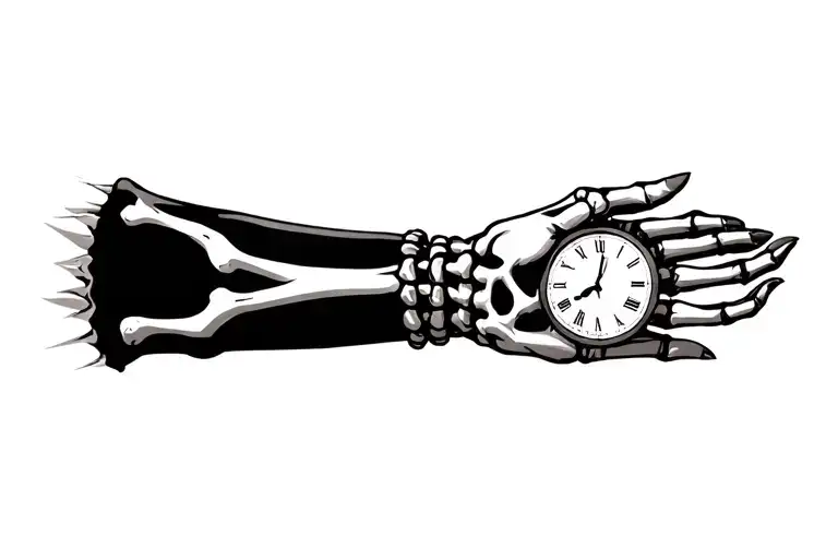 skeleton hand tat with clock on right side tattoo design idea