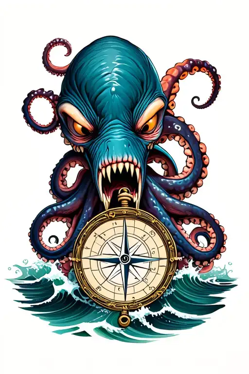 angry kracken octopus in ocean with nautical compass in middle with tentacles out wide with waves tattoo design idea