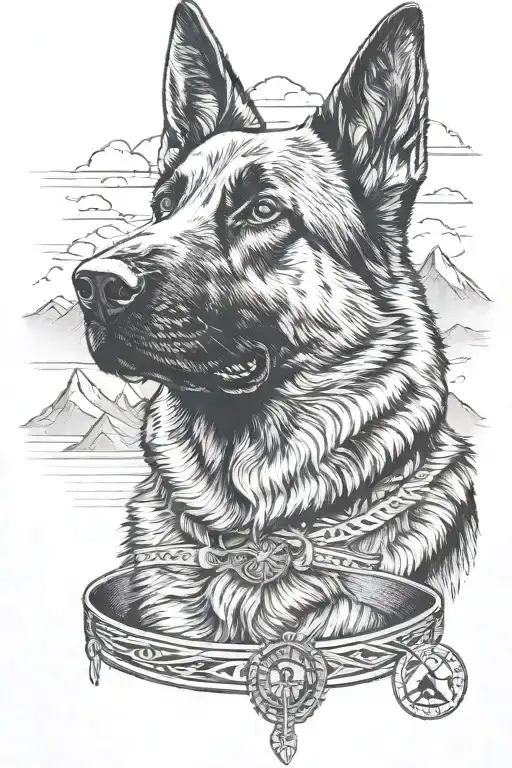 A detailed black and grey portrait of a german shepherd wearing a diabetes alert bracelet, with a mountain landscape in the background tattoo design idea