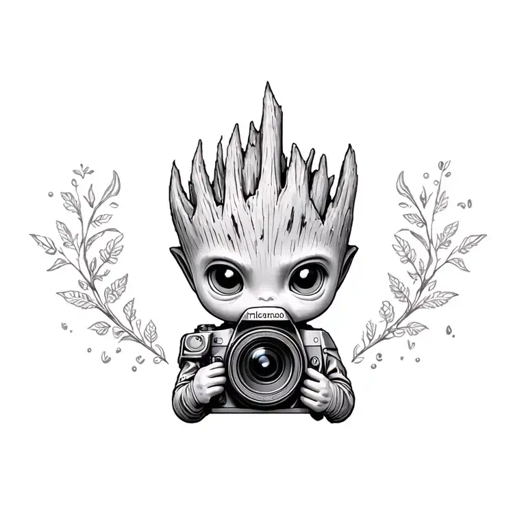 baby groot and camera tattoo design idea