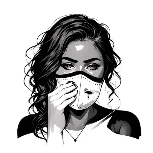 Create a tattoo of a woman taking a mask of happiness and showing a sad face with a tear in the eye tattoo design idea