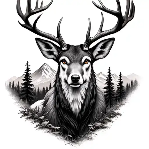 Majestic realistic deer head surrounded by forest and above a medium mountain with a wolf integrated into the drawing tattoo design idea