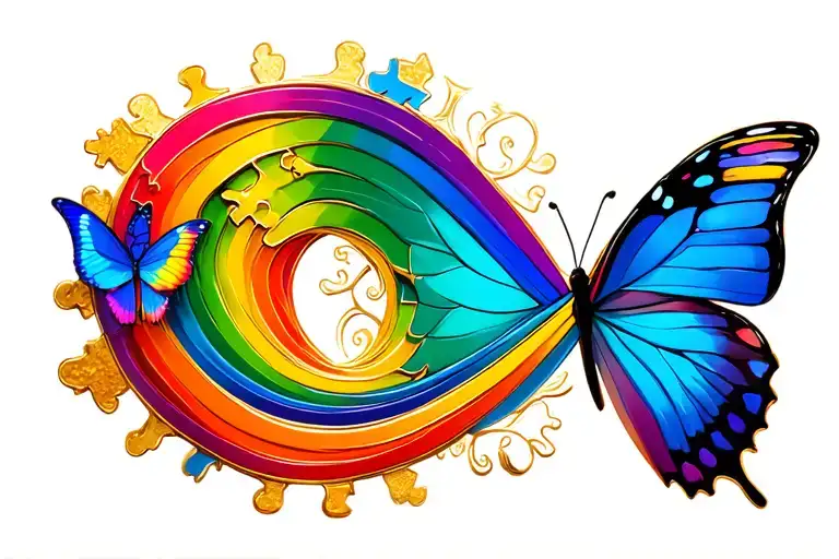 Autism rainbow infinity symbol with gold outline and blue butterfly at its center tattoo design idea