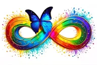 Autism rainbow infinity symbol with gold outline and blue butterfly at its center tattoo design idea