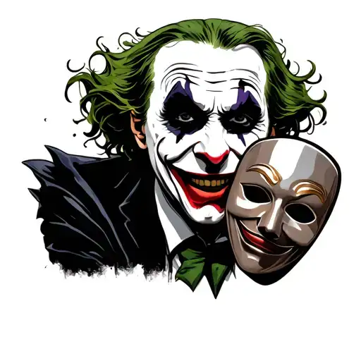 the joker who holds a serious mask in his hand, and he laughs tattoo design idea