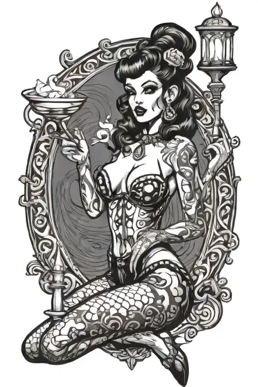 sexy dark pinup girl dressed like a stripper holding a candle tattoo design idea