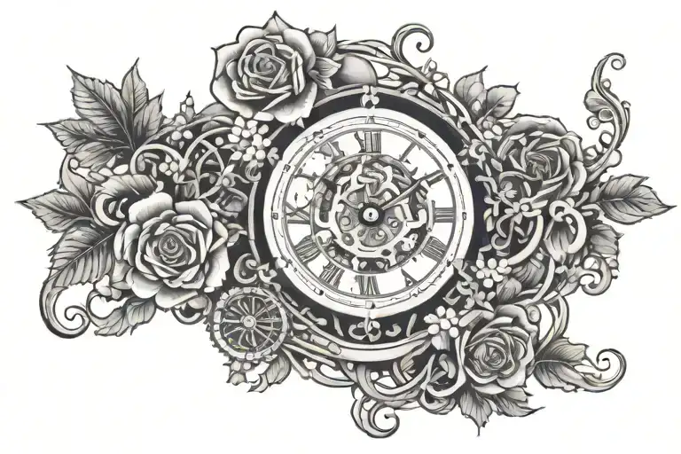 clock mechanism intertwined with vines and flowers tattoo design idea