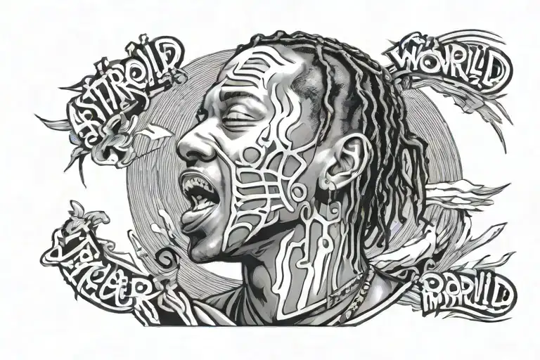 Astroworld rollercoaster travis scott face, mouth open, with astroworld written tattoo design idea