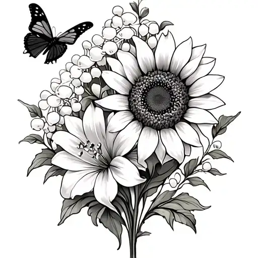 lily of the valley, sunflower, vines, chrysanthemum, morning glory with a butterfly tattoo design idea