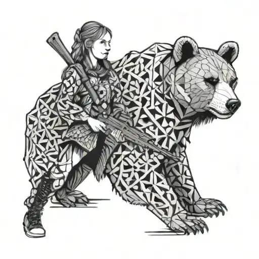 A Slavic girl with a bear and AK-47 rifle forming a unique geometric pattern tattoo design idea