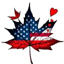 a red maple leaf with half being american flag and half canadian flag, with 5 small hearts on the spine of the leaf. tattoo design idea