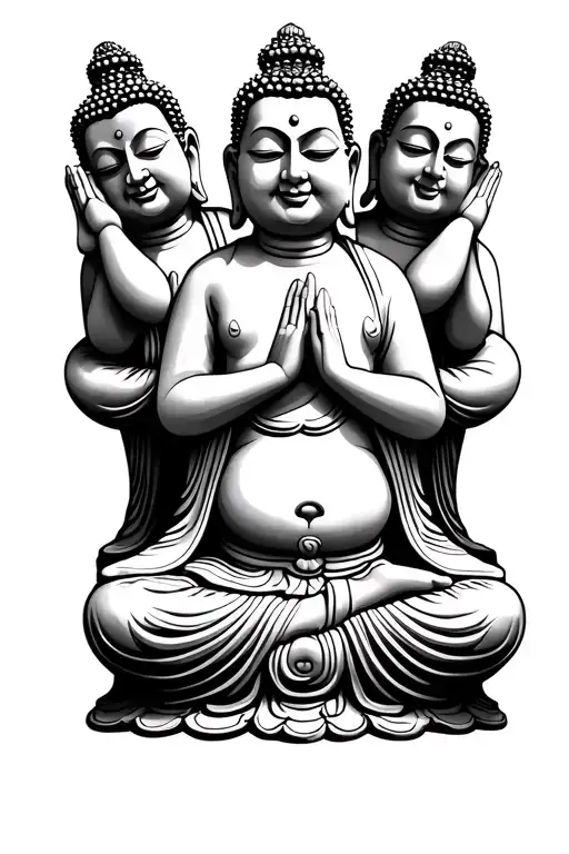 3 chubby buddhas sitting in a row doing the hear no evil, speak no evil, see no evil pose on a forearm  tattoo design idea