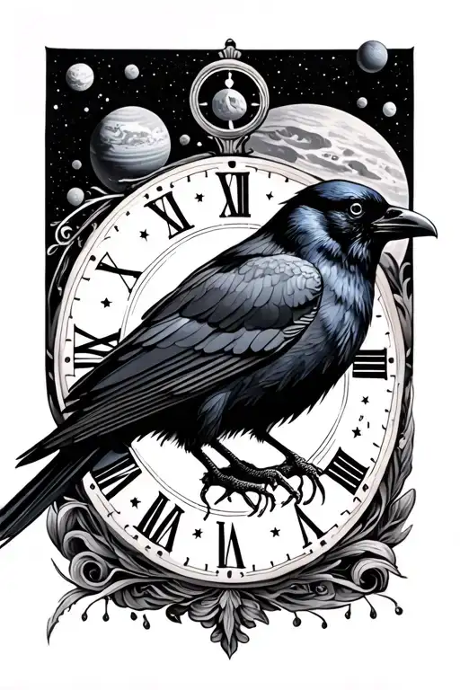 black start space, planets, time clock, crow tattoo design idea