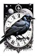 black start space, planets, time clock, crow tattoo design idea