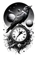 black start space, planets, time clock, crow tattoo design idea
