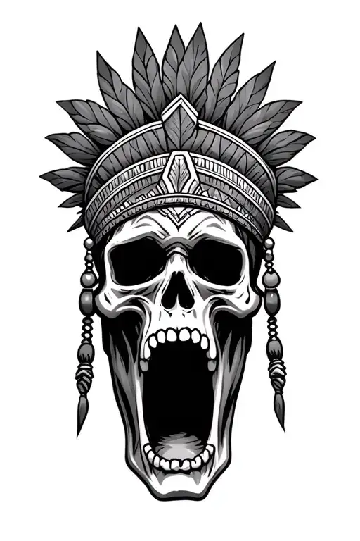 screaming Skull wearing aztec headress tattoo design idea