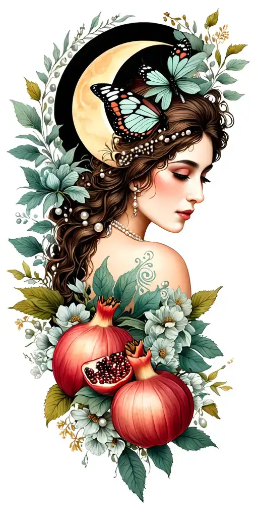 sage woman, crescent moon, triple moon, pomegranate, florals, pearls, butterfly, 11 tattoo design idea