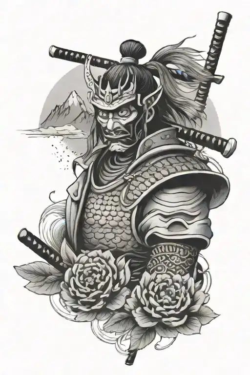 An Samurai warrior with a mask and a cherry blassom over him, and some mountains with mist in the background.  tattoo design idea