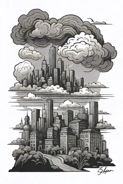 cloudy background city scape scene tattoo design idea