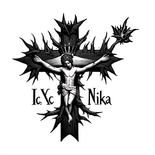 black cross from jesus christ and put his thorn crown at the top of the cross and write Ic Xc Nika at the corners tattoo design idea