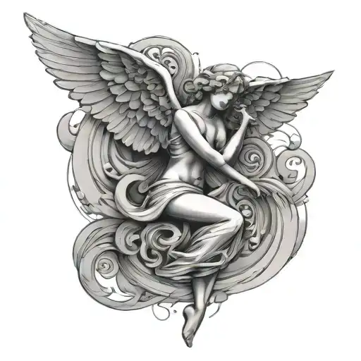 minimalist angel in swirly clouds tattoo design idea
