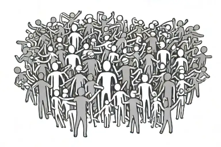 A minimalistic tightly packed crowd of stick figure people with one highlighted in the middle. tattoo design idea