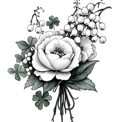 create a rip tattoo for a woman that has peonies, lily of the valley, and four-leaf clovers in a bouquet tied with strin tattoo design idea