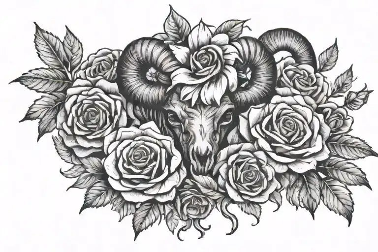 daisy's, roses, diamond, ram horns, flowers tattoo design idea