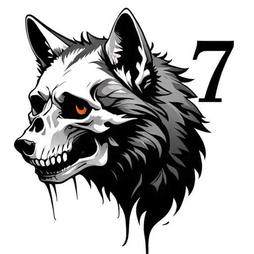 fine lines skull and face wolf head with a small number 7 hidden on the right  tattoo design idea