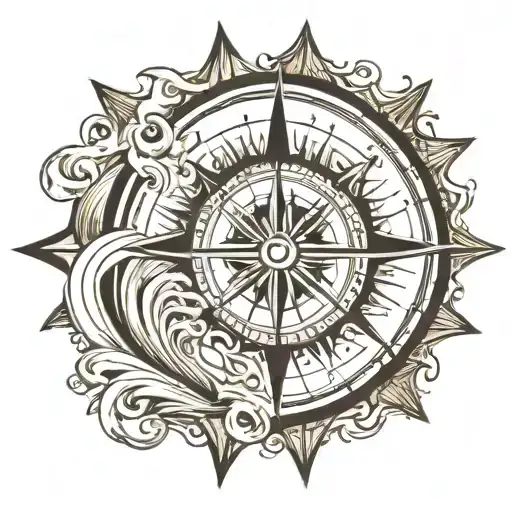 compass rose inside pipeline wave crashing with sun rays breaking through  tattoo design idea