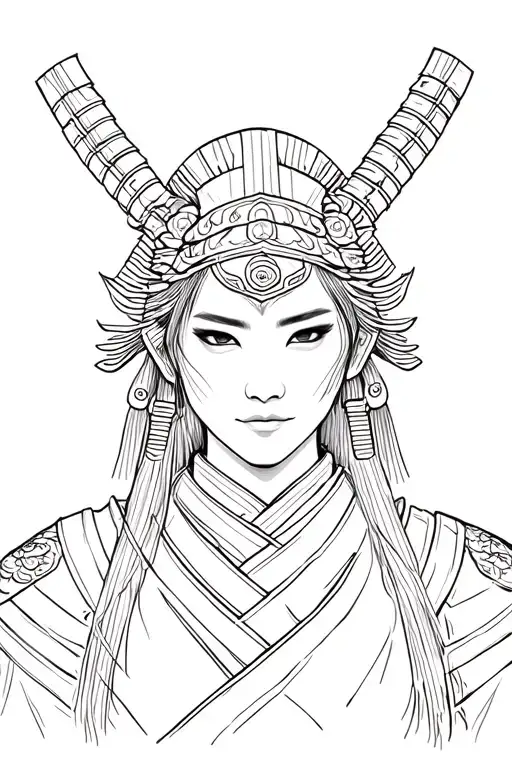 Samurai Warrior Standing Women's Face tattoo design idea