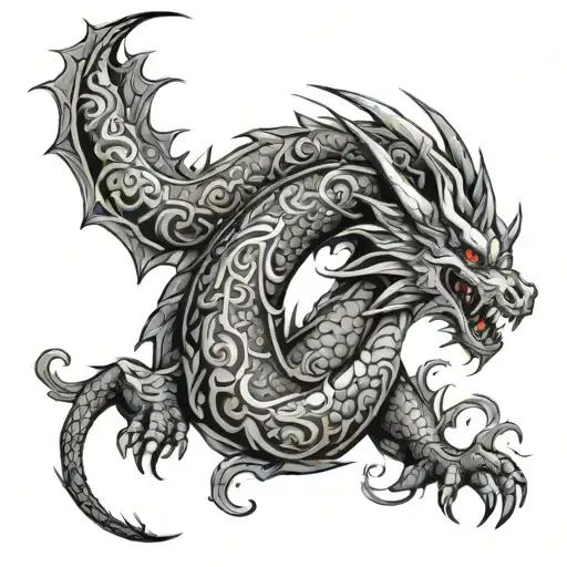medieval dragon surrounded by tribal patterns tattoo design idea
